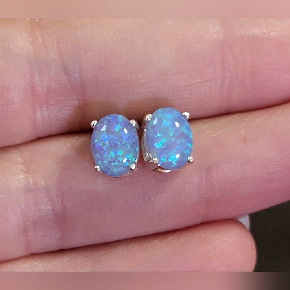 Oval Blue Opal Sterling Silver Earrings OBOSSE